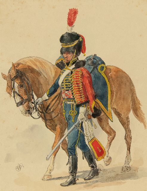 Staring W.C.  | Dragoon next to his horse, ink and watercolour on paper 29.5 x 22.6 cm, signed l.l. with monogram