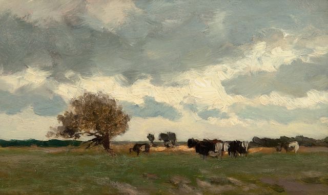 Weissenbruch H.J.  | A Dutch landscape with cows in a meadow, oil on panel 15.0 x 25.1 cm