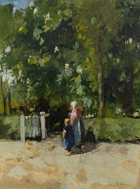 Vreedenburgh C.  | Mother and child at a garden gate, oil on canvas 21.4 x 16.2 cm, signed l.r. with initials and dated '07