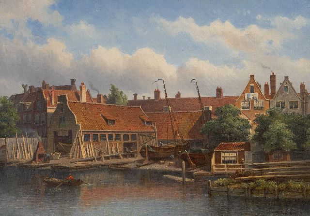 Eduard Alexander Hilverdink | Scheepswerf 'Het Jagt' aan de Looijerssloot in Amsterdam, olieverf op doek, 35,0 x 50,2 cm, gesigneerd r.o.