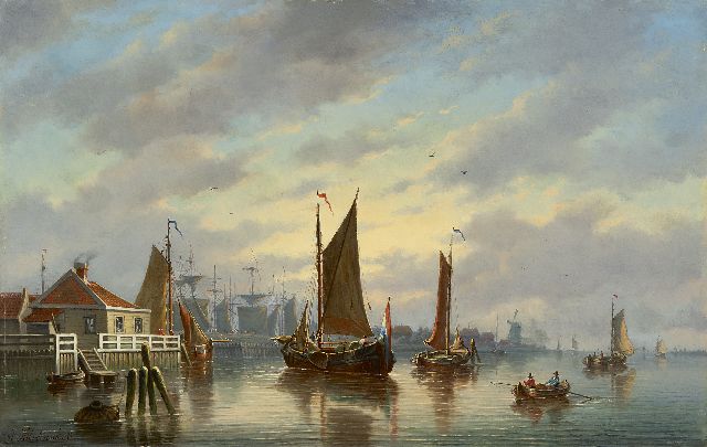 Hilverdink J.  | Sailing vessels near a harbour entrance, oil on panel 39.3 x 61.5 cm, signed l.l.