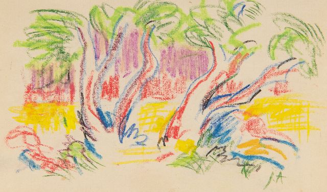 Altink J.  | View between trees, chalk on paper 12.6 x 20.1 cm, signed l.r. with initials