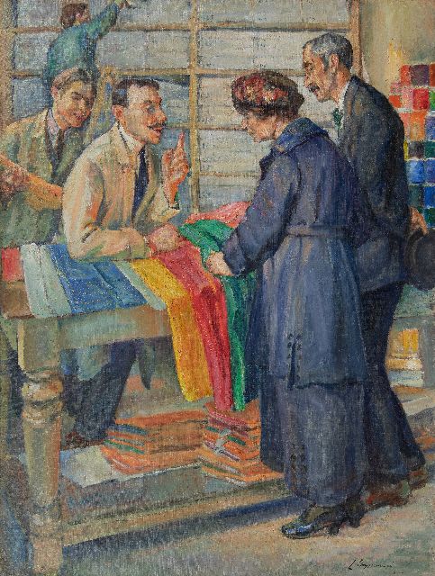 Thysebaert E.  | In the fabric shop, oil on canvas 109.2 x 83.0 cm, signed l.r. and dated 1903