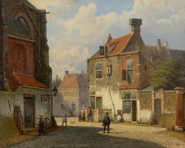 Koekkoek W.  | Sunny village street with figures, oil on panel 28.7 x 35.7 cm, signed l.r. and dated 1861