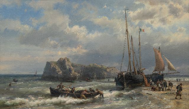 Koekkoek H.  | Ships and fishermen at the French coast, oil on canvas 45.1 x 76.7 cm, signed l.r. and dated tot the late 1960s