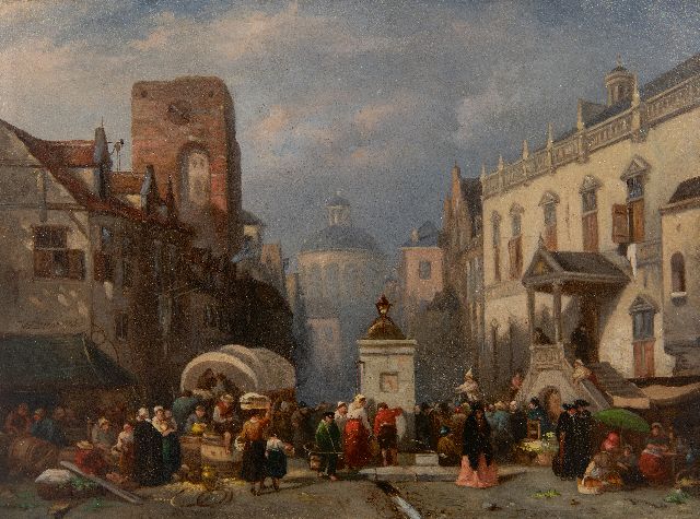 Heun W.M. van | A busy day at the market, oil on panel 20.6 x 27.8 cm, signed c.l. and dated 1860