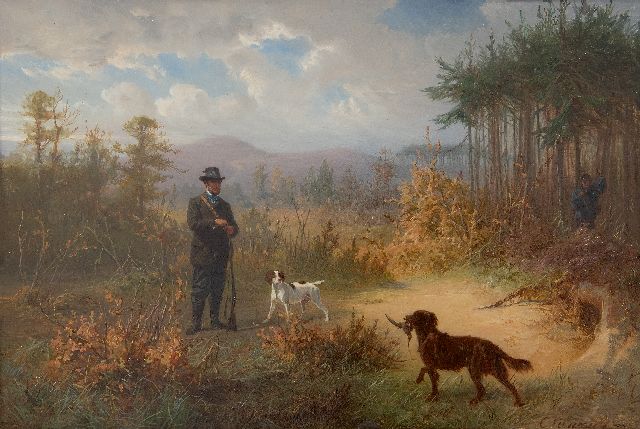 Conradijn Cunaeus | Op snippenjacht in het bos te Lunteren, olieverf op paneel, 21,9 x 32,5 cm, gesigneerd r.o. en te dateren 1870