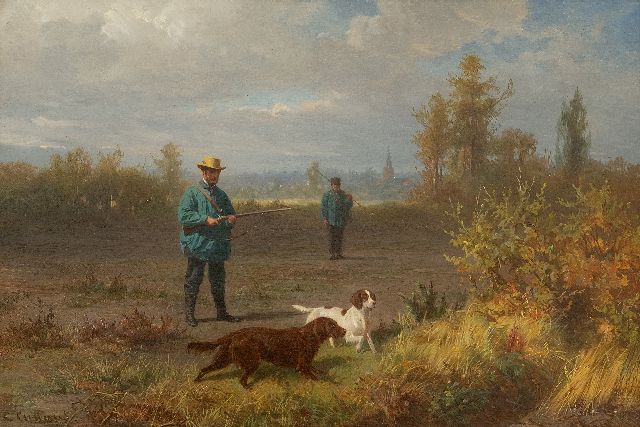 Cunaeus C.  | Hunting scene near Barneveld, the Oude Kerk in the distance, oil on panel 21.7 x 32.2 cm, signed l.l.