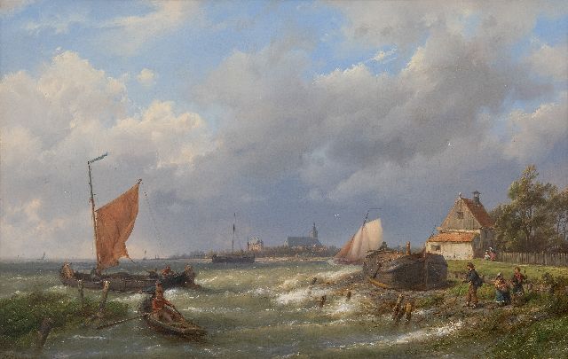 Koekkoek H.  | A strong breeze on the Dutch coast with a village ahead, oil on canvas 37.0 x 57.7 cm, signed l.l.