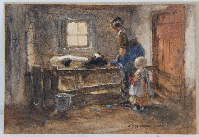 Jan Zoetelief Tromp | Das Kälbchen füttern, watercolour on paper, 15.5 x 22.9 cm, signed l.r.