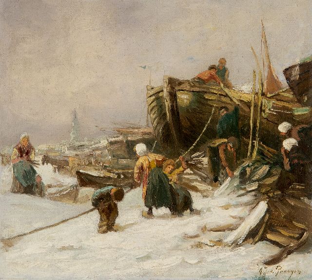 Prooijen A.J. van | Beach in winter, oil on canvas laid down on panel 21.1 x 22.8 cm, signed l.r.
