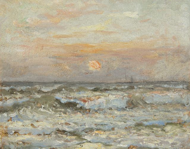 Munthe G.A.L.  | Seascape with setting sun, oil on canvas laid down on panel 24.4 x 30.4 cm, signed l.l. and dated '14