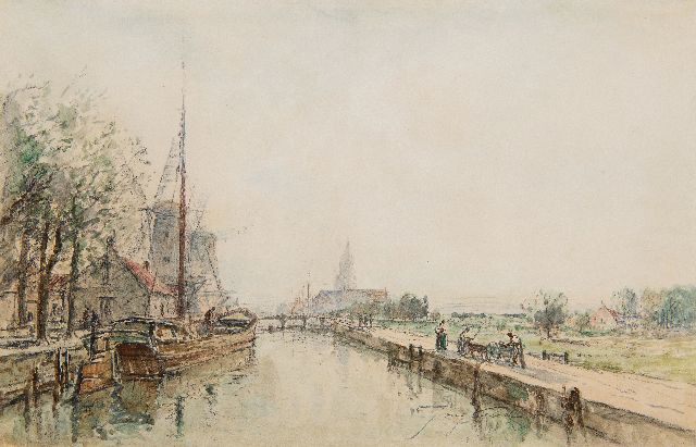 Jongkind J.B.  | Vaart bij Hollands dorp, inkt en aquarel op papier 20,0 x 30,0 cm, gesigneerd r.o.