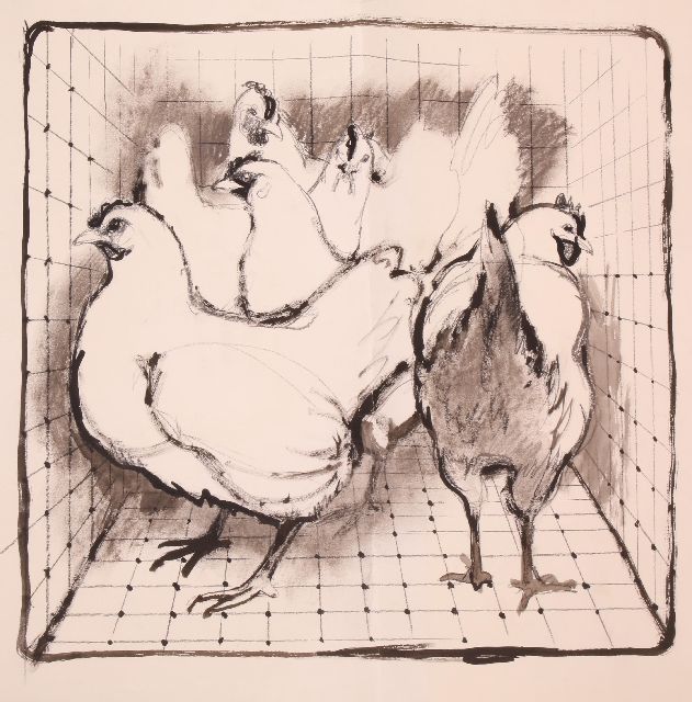 Rien Poortvliet | Chickens in a run, charcoal and ink on paper, 49.4 x 64.8 cm