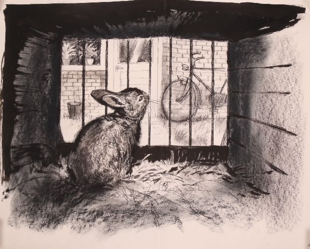 Rien Poortvliet | Rabbit in cage, charcoal and ink on paper, 50.0 x 64.8 cm, zonder lijst