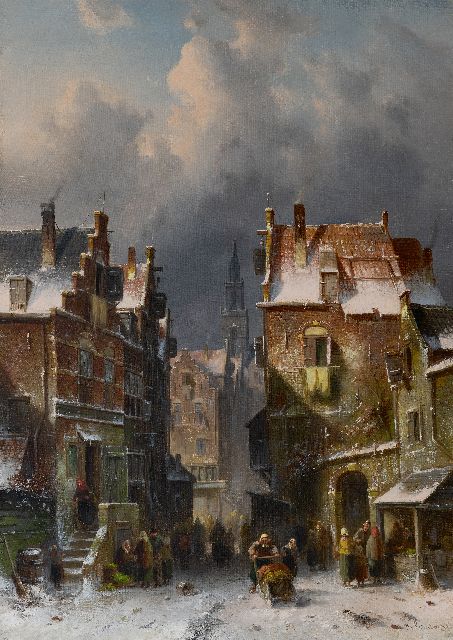 Leickert C.H.J.  | Busy street in the snow, oil on canvas 72.7 x 52.0 cm, signed l.r. and dated '88, without frame