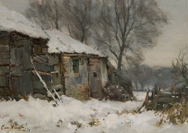 Chris van der Windt | Farmhouse in the snow, oil on canvas laid down on panel, 21.5 x 29.8 cm, signed l.l. and dated '39