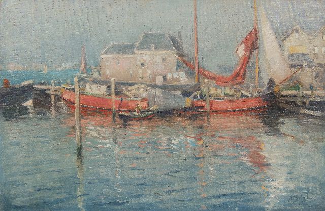 A.P. Schotel | Harbor view with moored barge, oil on canvas, 40.3 x 60.9 cm, signed l.r. and dated '23, without frame