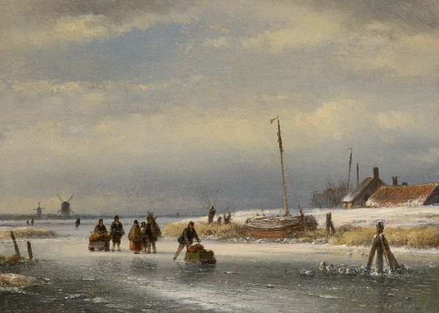 Kleijn L.J.  | Ice scene with skaters and sleds, oil on panel 23.0 x 31.7 cm, signed l.r. and zonder lijst