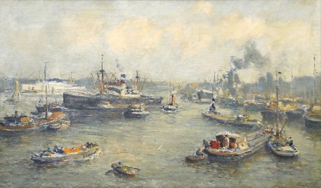 Moll E.  | Bedrijvigheid in de Rotterdamse haven, olieverf op doek 60,1 x 100,4 cm, gesigneerd r.o.