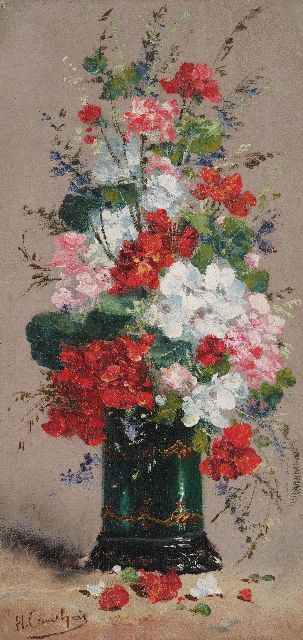Cauchois E.H.  | Flower still life, oil on canvas 36.1 x 17.7 cm, signed l.l. and without frame