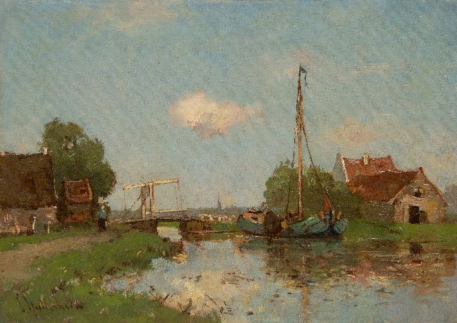 Stutterheim L.P.  | River view with houses and a moored barge, oil on canvas 25.5 x 35.5 cm, signed l.l.