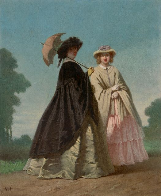 Hoevenaar W.P.  | Two elegant ladies taking a summer stroll, oil on panel 31.3 x 25.5 cm, signed l.l. with monogram and without frame