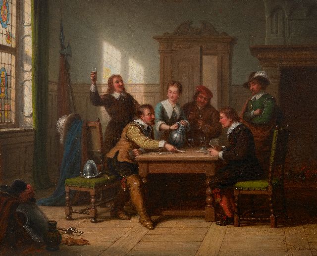 Scheerboom A.  | Soldiers drinking and playing card games, oil on canvas 43.7 x 54.1 cm, signed l.r. and without frame