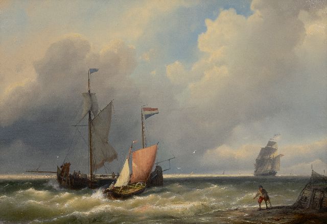 Koekkoek J.H.B.  | Ships near the coast in a stiff breeze, oil on canvas 41.5 x 59.2 cm, signed l.r.