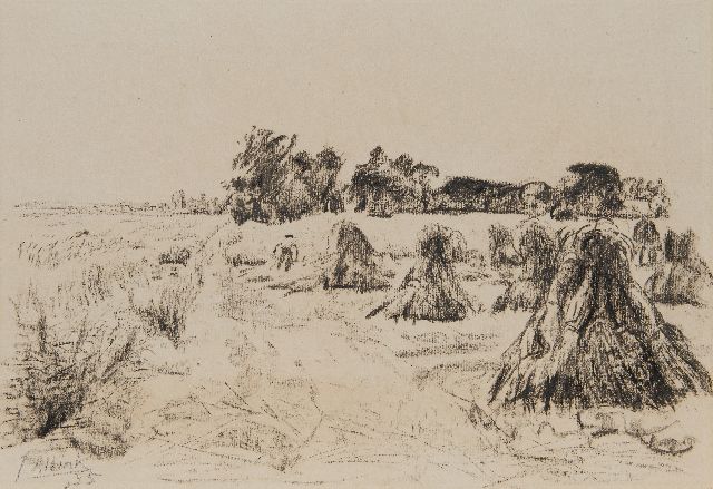 Jan Altink | Harvest landscape with hay sheaves, chalk on paper, 36.0 x 48.9 cm, signed l.l. and dated '35, without frame