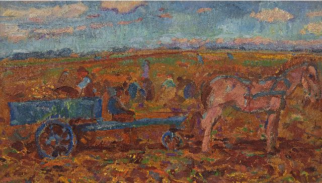 Johan Dijkstra | Harvesting farm workers, oil on board laid down on panel, 35.7 x 62.8 cm
