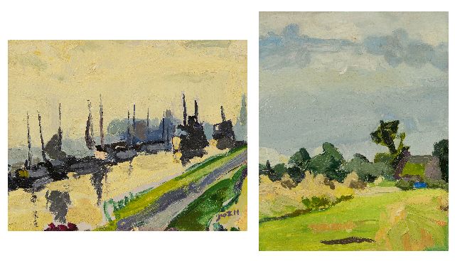 Zee J. van der | Ships in the Damsterdiep; on the reverse: Summer landscape, oil on panel 24.4 x 30.5 cm, signed l.r.