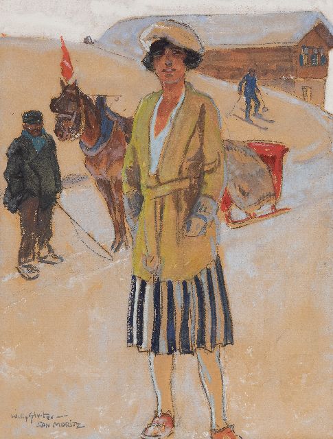 Sluiter J.W.  | Winter sports in St. Moritz, black chalk and watercolour on paper 31.2 x 25.1 cm, signed l.l. and dated on the reverse 1928
