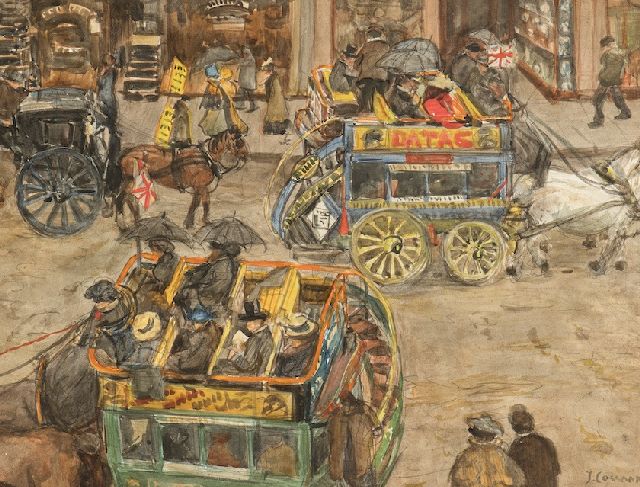 Cossaar J.C.W.  | Omnibusses in a London street, pencil and watercolour on paper 38.8 x 55.8 cm, signed l.r.