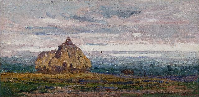 Gouwe A.H.  | Panoramic landscape with haystacks, oil on canvas 22.3 x 45.5 cm, signed l.r. and dated '14