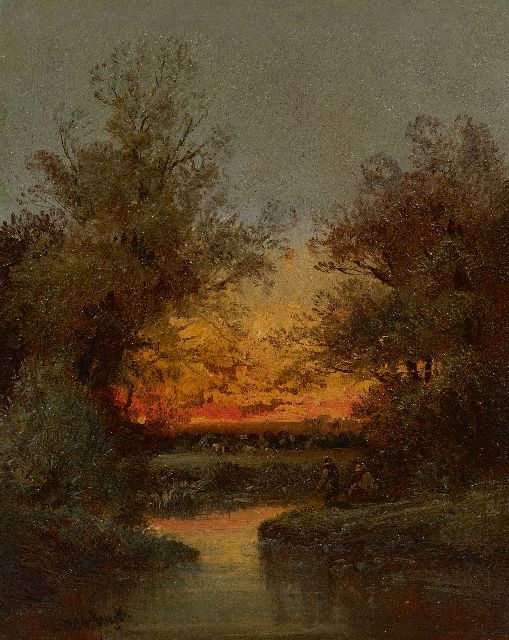 Henri van Wijk | Anglers at sunset, oil on panel, 24.2 x 19.0 cm, signed l.l. and zonder lijst