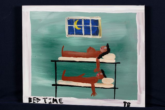 Tim Brown | Bed time, acryl op paneel, 39,0 x 47,0 cm, gesigneerd r.o. met initialen