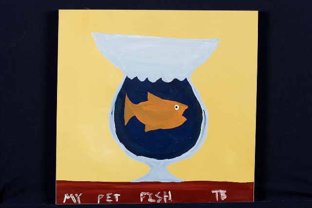Tim Brown | My pet fish, acryl op paneel, 39,0 x 40,0 cm, gesigneerd r.o. met initialen