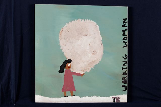 Tim Brown | Working woman, acryl op paneel, 45,0 x 43,0 cm, gesigneerd r.o. met initialen