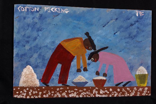 Tim Brown | Cotton picking, acryl op paneel, 37,0 x 55,0 cm, gesigneerd r.b. met initialen