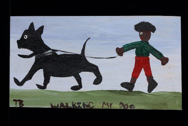 Tim Brown | Walking my dog, acryl op paneel, 33,0 x 62,0 cm, gesigneerd l.o. met initialen