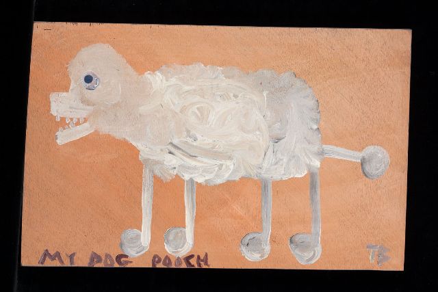 Tim Brown | My dog Pooch, acryl op paneel, 31,0 x 50,0 cm, gesigneerd r.o. met initialen
