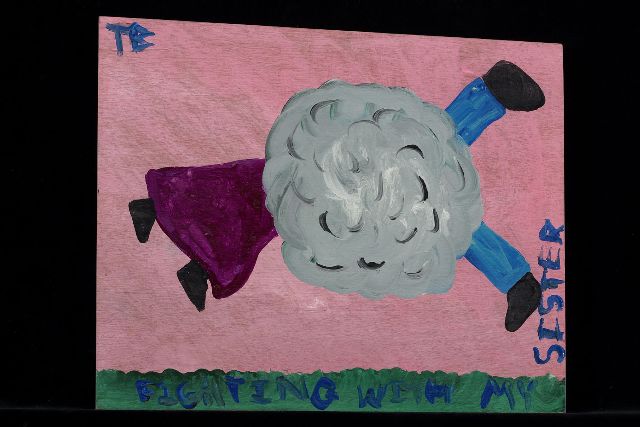 Tim Brown | Fighting with my sister, acryl op paneel, 36,0 x 44,0 cm, gesigneerd l.b. met initialen