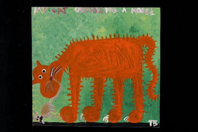 Tim Brown | My cat catching a mouse, acryl op paneel, 34,0 x 37,0 cm, gesigneerd r.o. met initialen