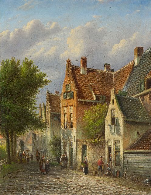 Johannes Franciscus Spohler | Activity in a Dutch street, oil on canvas, 45.4 x 35.6 cm, signed l.l. and without frame