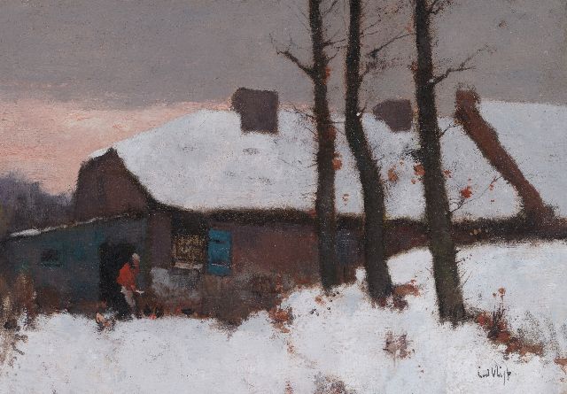 Leendert van der Vlist | Feeding chickens in the snow, oil on canvas, 24.8 x 34.6 cm, signed l.r. and without frame