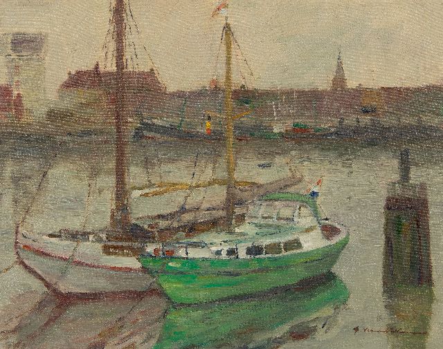 Georg Hambüchen | Zeilschepen in Belgische haven, een hollandse zeiljacht, olieverf op doek, 40,1 x 50,2 cm, gesigneerd r.o. en zonder lijst