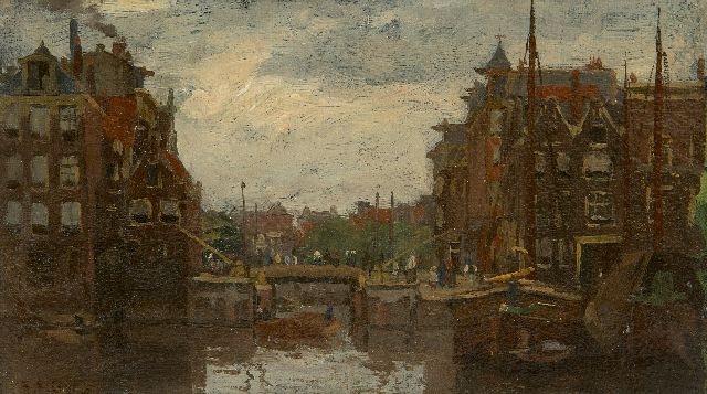 Bobeldijk F.  | A view of Amsterdam, oil on canvas laid down on board 13.0 x 21.5 cm, signed l.l.