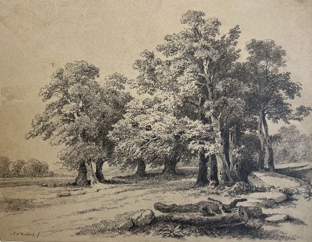 Koekkoek I M.A.  | Landscape with old oak trees, pencil on paper 24.5 x 32.0 cm, signed l.l.