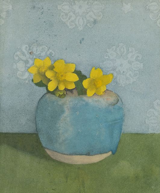 Jan Voerman sr. | Marsh-marigolds in a ginger jar, watercolour on paper, 25.0 x 20.5 cm, painted in the 1890s